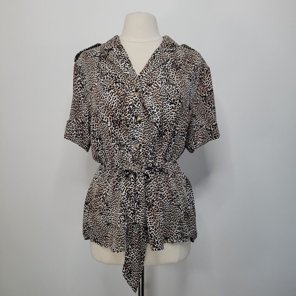 Vintage WORTHINGTON Animal Print Blouse Size L Retro Cheetah Button Up Safari